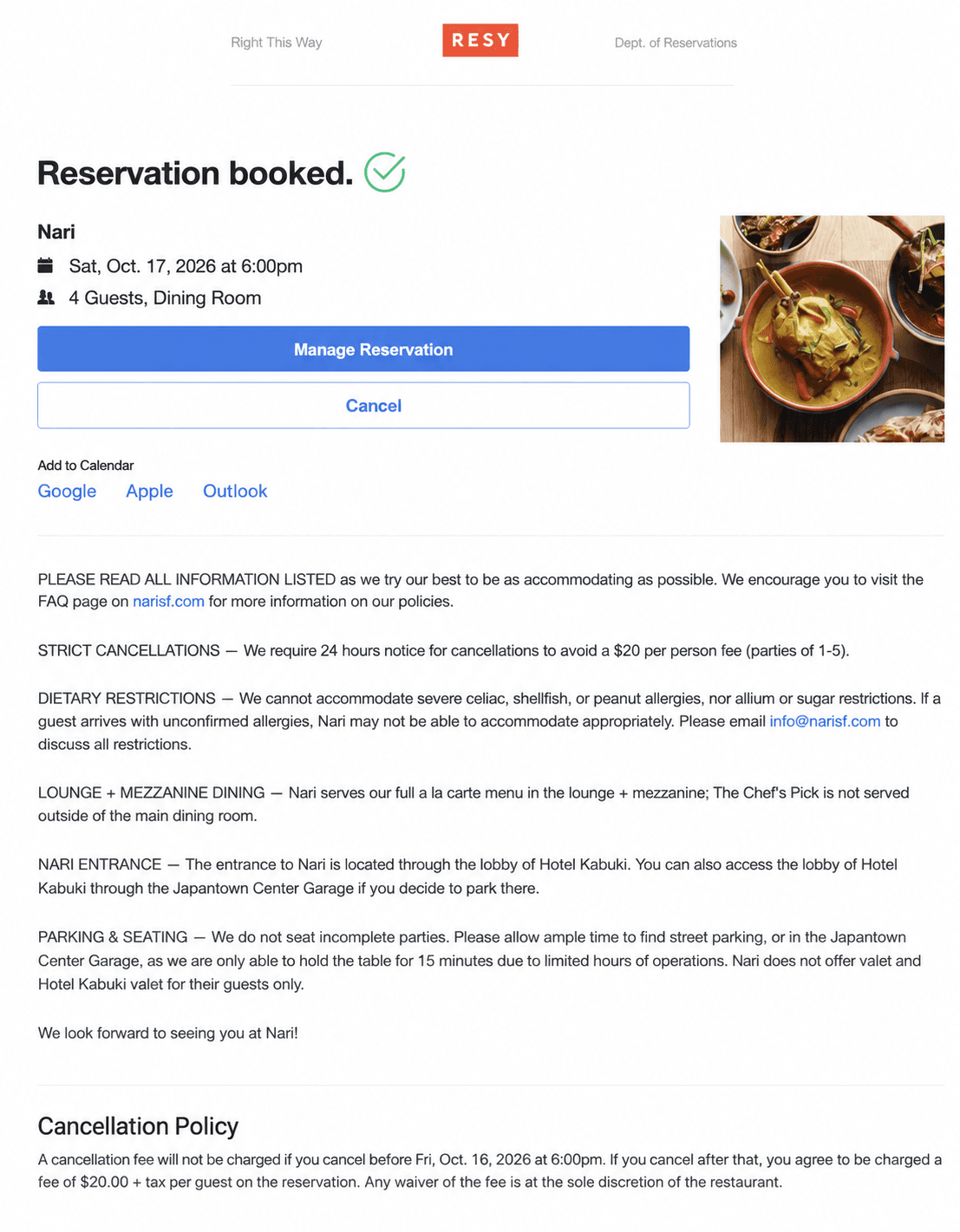 Nari reservation confirmation for four guests on Saturday, October 17, 2026 at 6 PM. Cancellation before Friday, October 16 at 6 PM avoids a $20 plus tax per guest fee.